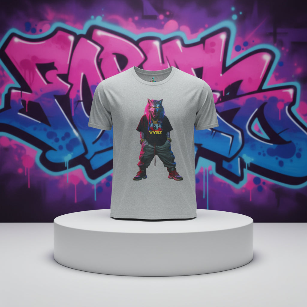 Gray t-shirt with a colorful graphic of a wolf and 'VYBZ' text on a white background