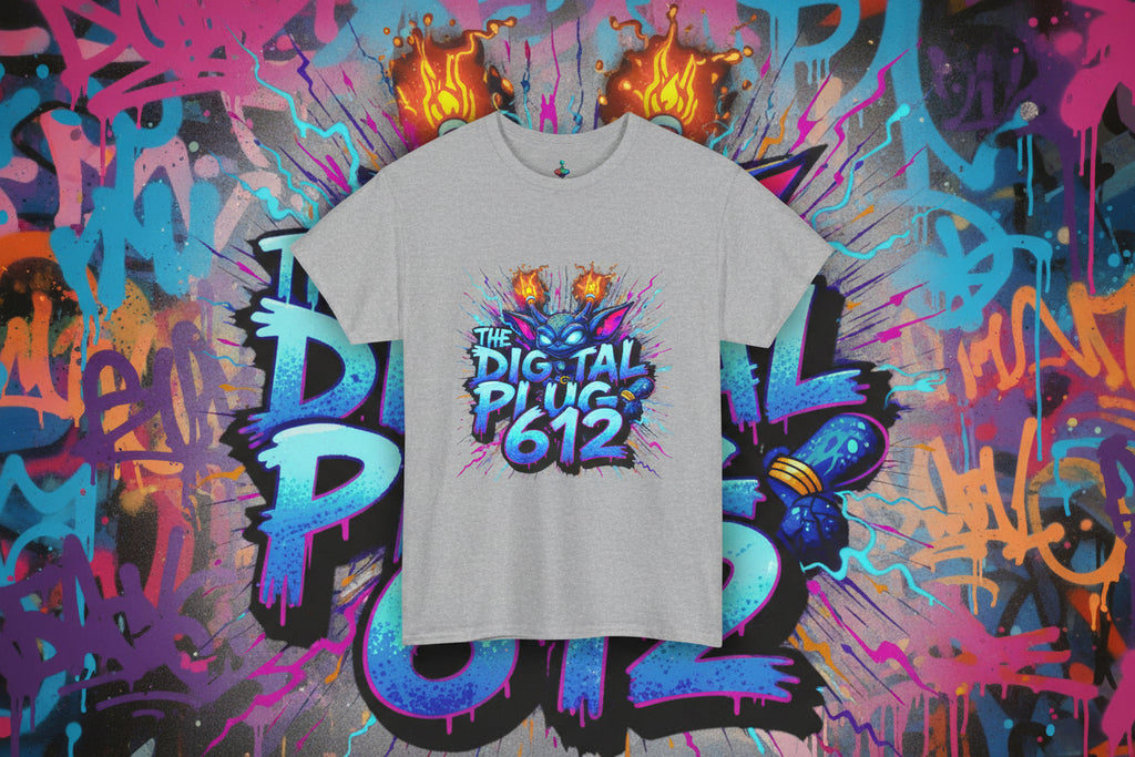 Gray t-shirt with colorful graphic design and text on a white background