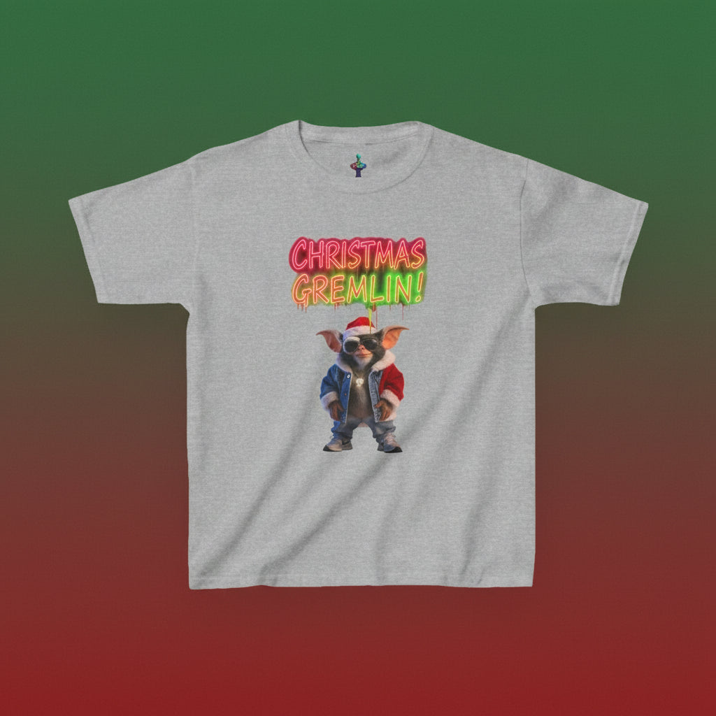 Gray t-shirt with Christmas Gremlin graphic and text on a white background