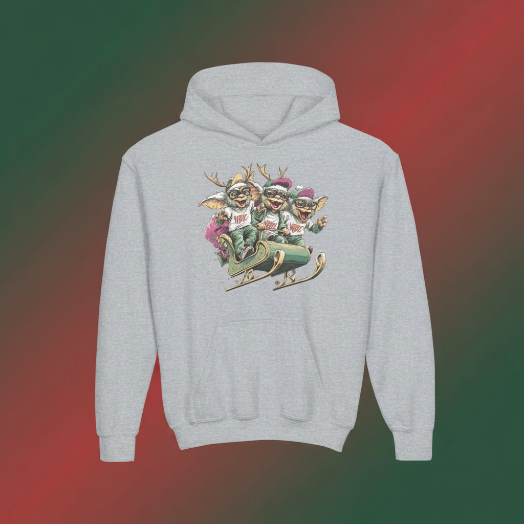 Gray hoodie with a graphic of three gnomes on a sleigh on a white background
