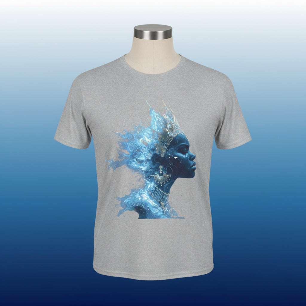 Gray t-shirt with a blue artistic design of a face on a white background