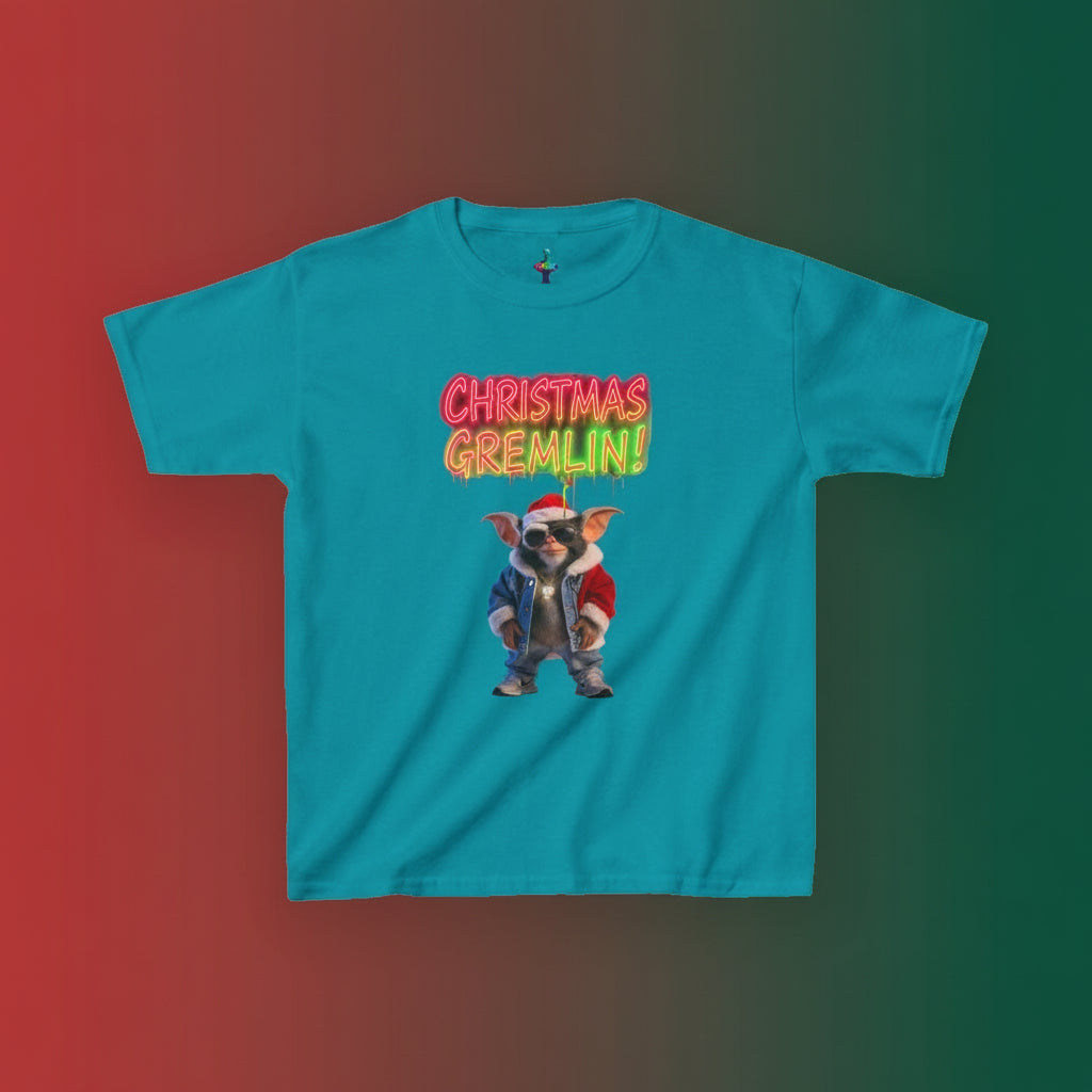 Teal t-shirt with a cartoon character and 'Christmas Gremlin' text on a white background