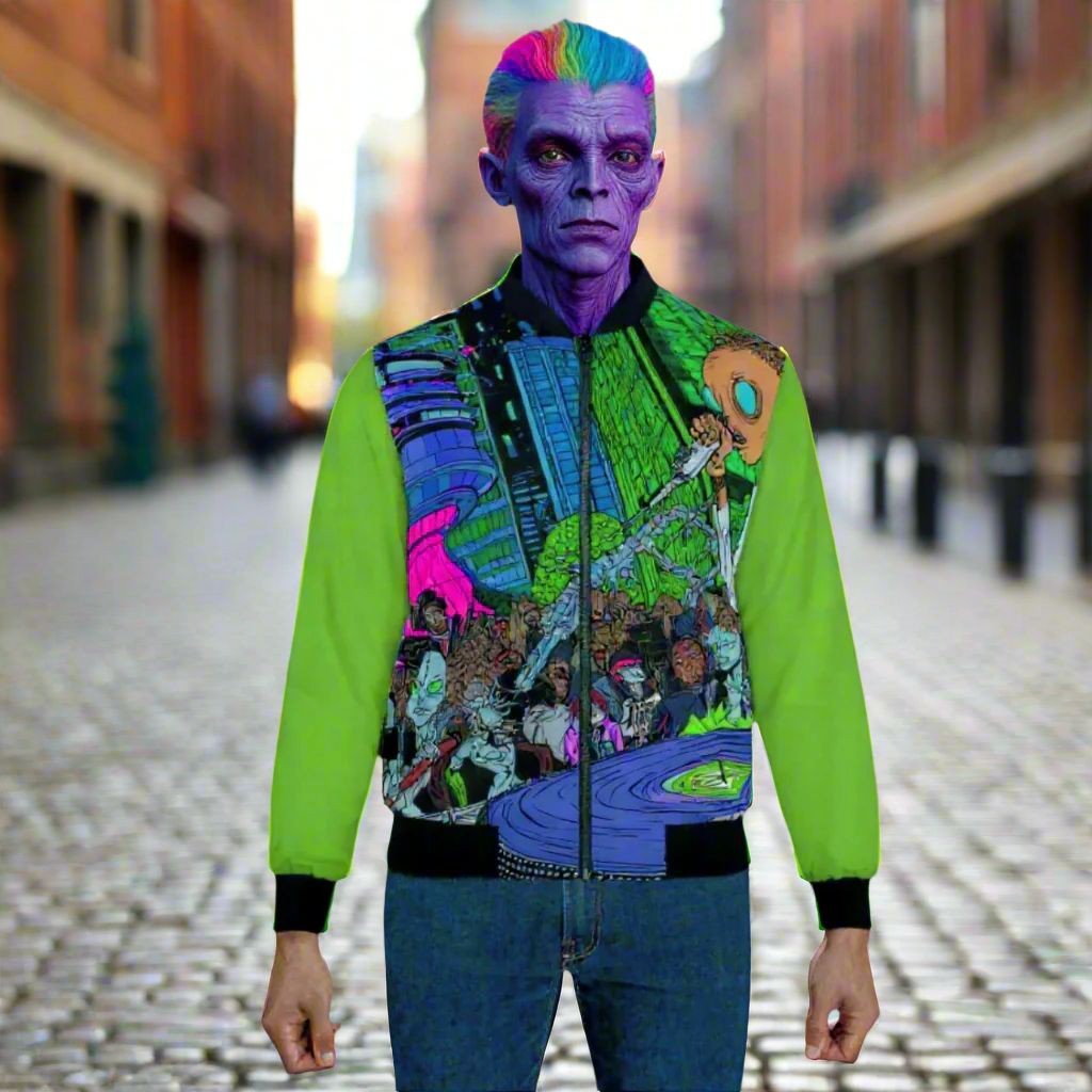 Alien DJ Men's Bomber Jacket, Urban Fashion, Statement Piece, Gift for Music Lovers, Vibrant AOP Design, Streetwear