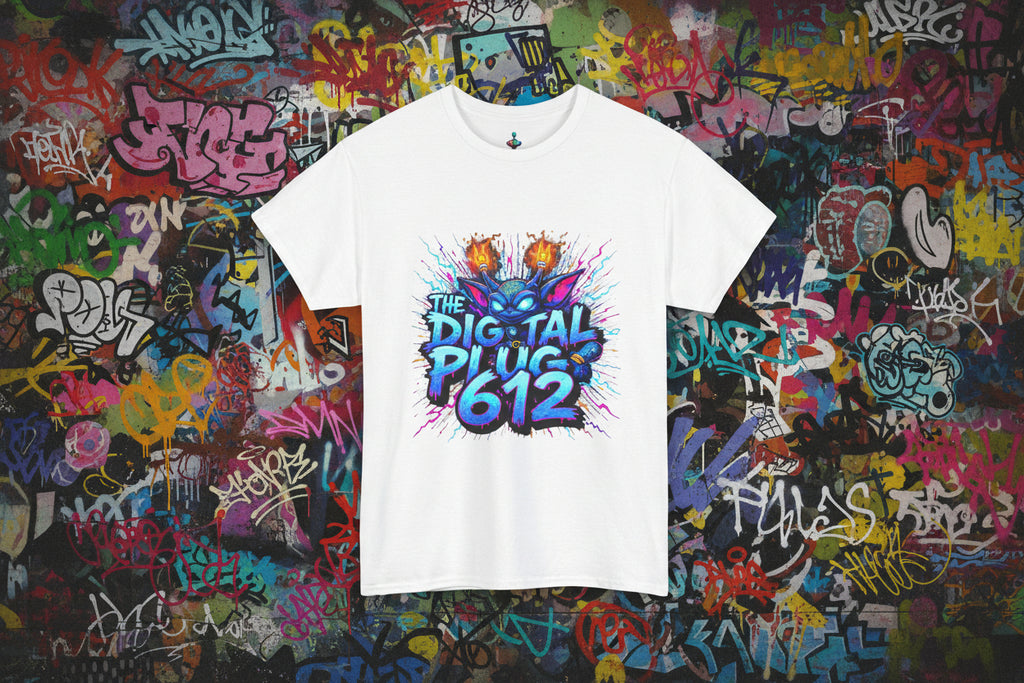 White t-shirt with colorful graphic design and text on a white background