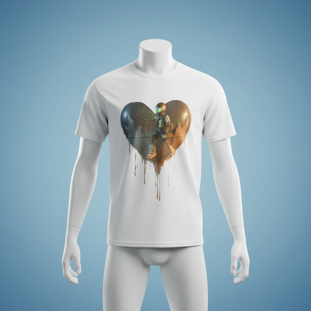 White t-shirt with a graphic design of a heart and a person on a white background