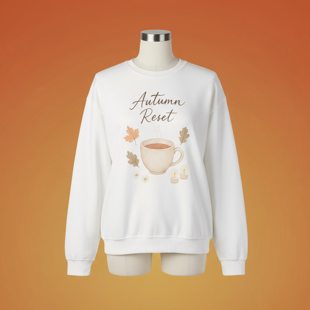 White sweatshirt with 'Autumn Reset' text and cup graphic on a white background