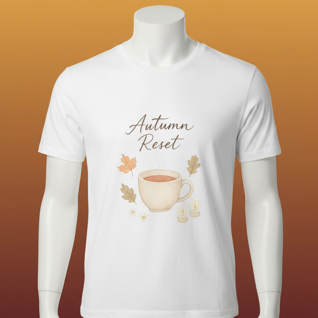 White t-shirt with 'Autumn Reset' design featuring a cup and leaves on a white background