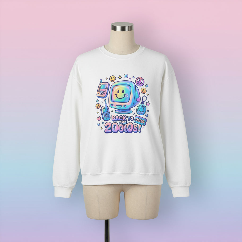 White sweatshirt with retro-themed design and text on a white background