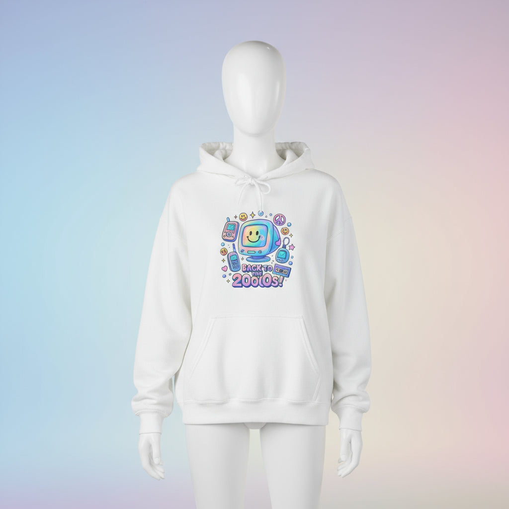 White hoodie with colorful graphic design on a white background