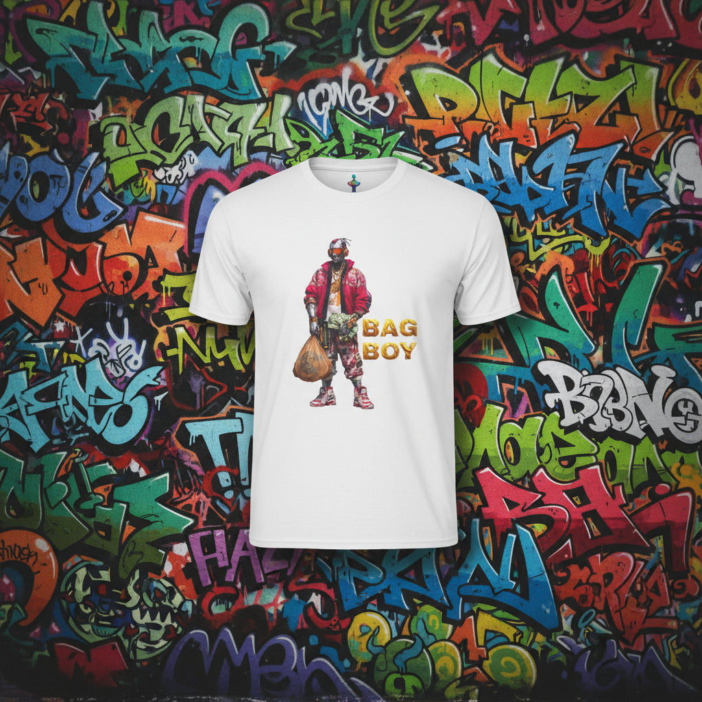 White t-shirt with graphic of a person holding a bag and 'Bag Boy' text on a white background