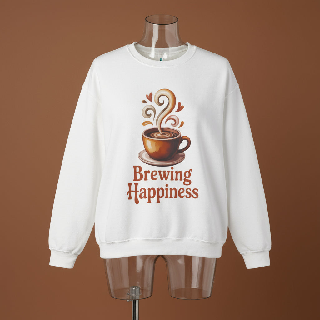 White sweatshirt with a coffee cup graphic and 'Brewing Happiness' text on a white background