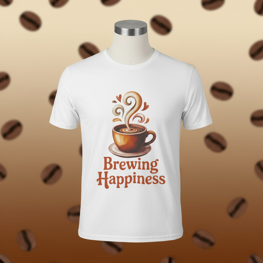White t-shirt with a coffee cup graphic and 'Brewing Happiness' text on a white background