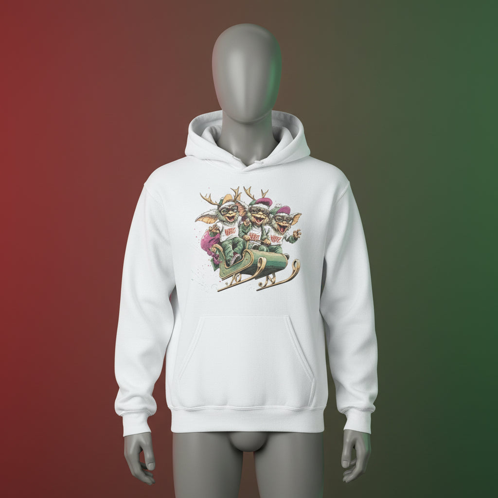 White hoodie with a graphic design of two gnomes on a sleigh.