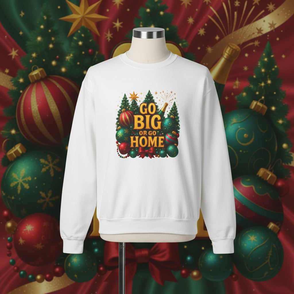 White sweatshirt with 'Go Big or Go Home' text and festive design on a white background