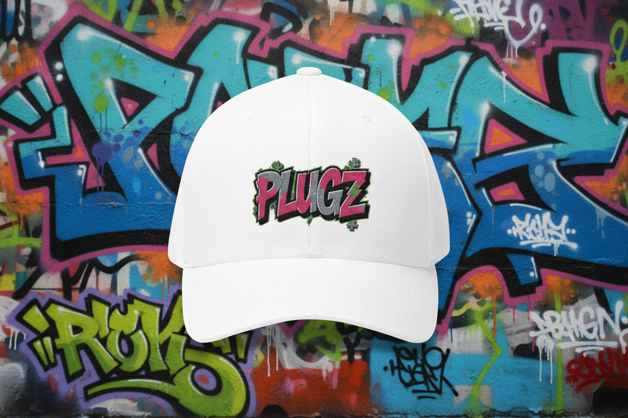 White cap with 'PLUGZ' logo on a white background