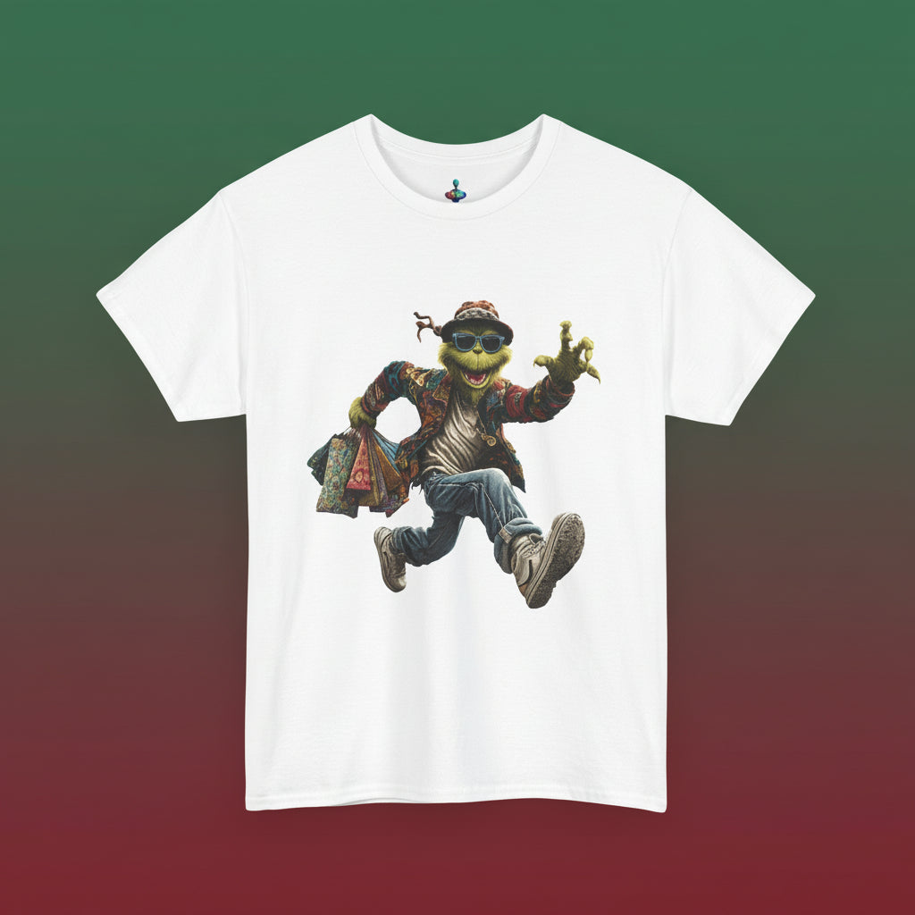 White t-shirt with a graphic of a character in a stylish outfit on a white background