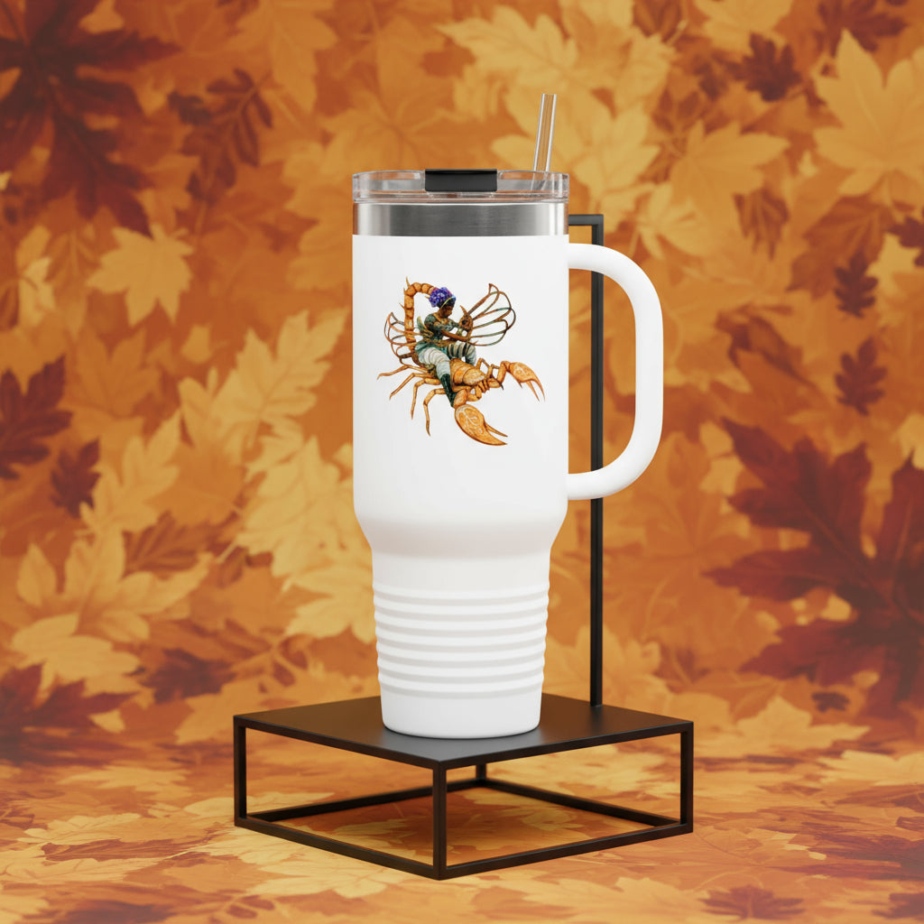 White tumbler with a scorpion and fairy design on a white background