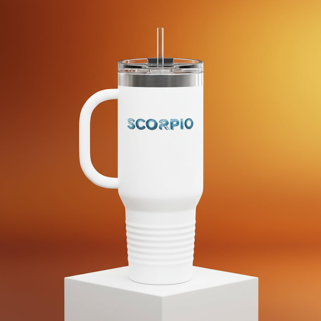 White travel mug with 'SCORPIO' text on a white background