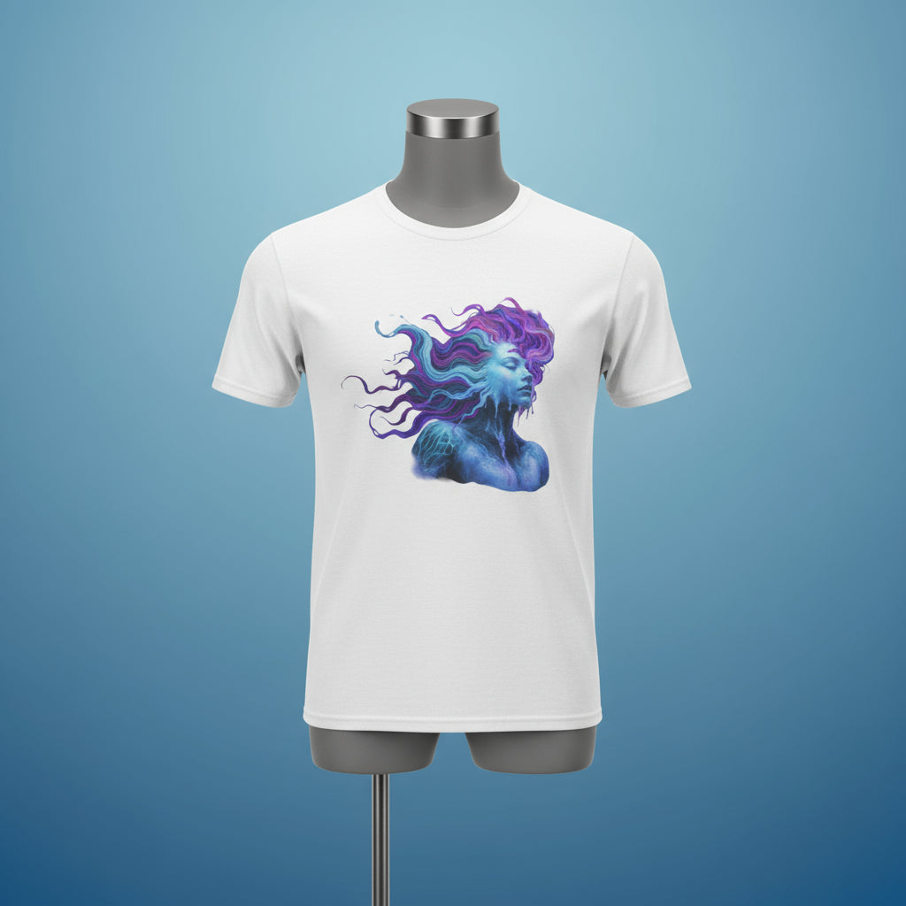 White t-shirt with a colorful mermaid design on a white background