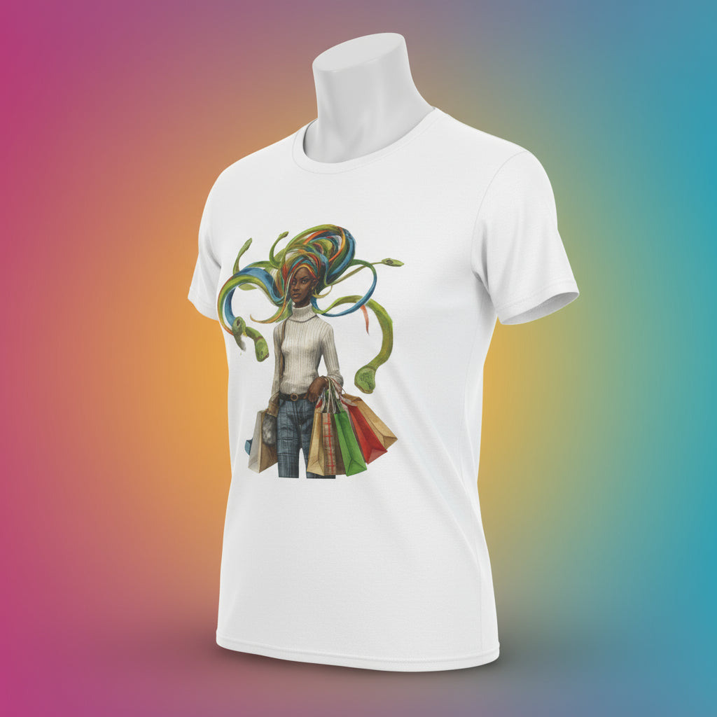 White t-shirt with a colorful graphic of a woman with a headdress and shopping bags on a white background