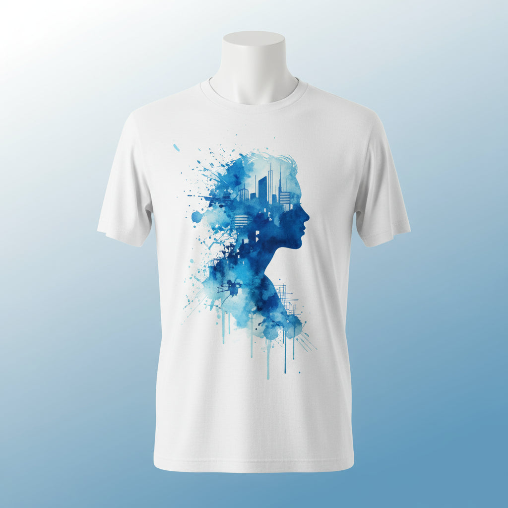 White t-shirt with a blue and black artistic design of a face on a white background