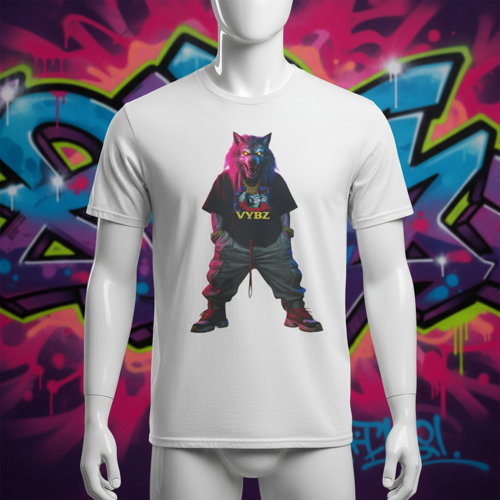 White t-shirt with a colorful graphic of a character wearing a black hoodie with 'VYBZ' on it.