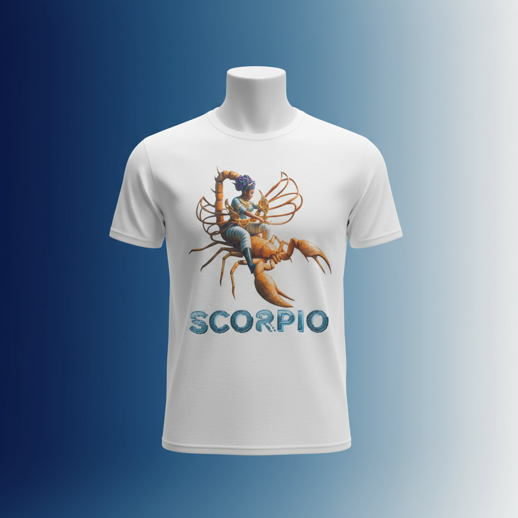 White t-shirt with Scorpio zodiac design on a shades of blue background