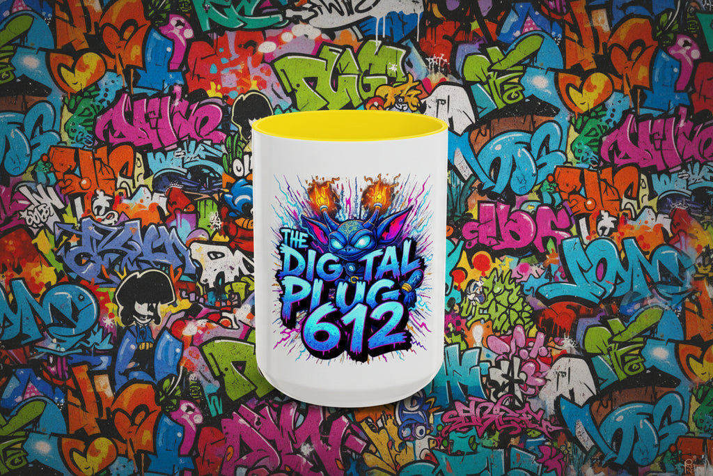 White mug with colorful graphic and text 'The Digital Plug 612' on a white background