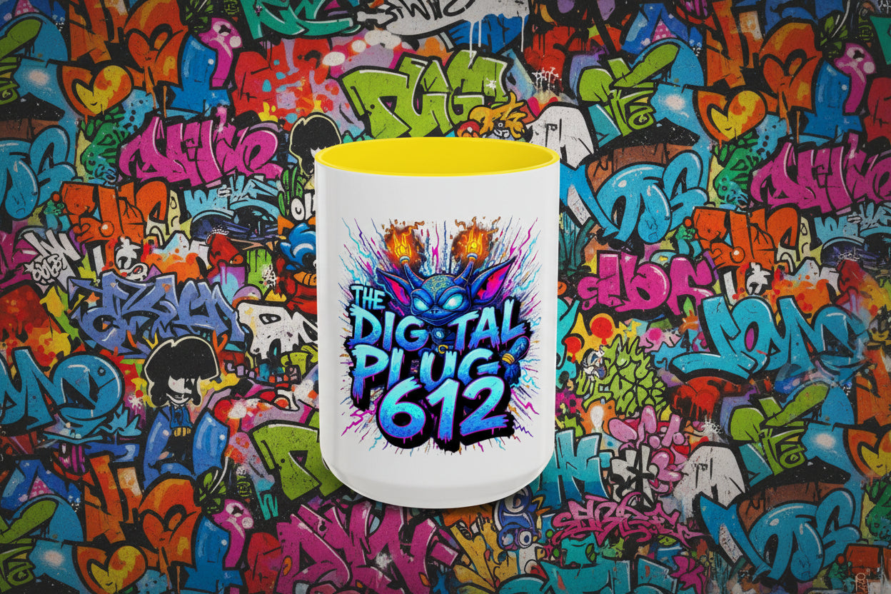 White mug with colorful graphic and text 'The Digital Plug 612' on a white background