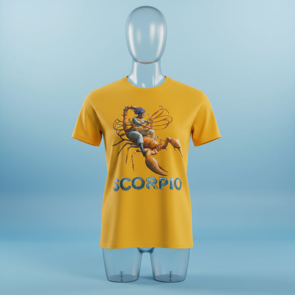 Yellow t-shirt with Scorpio zodiac design on a shades of blue background
