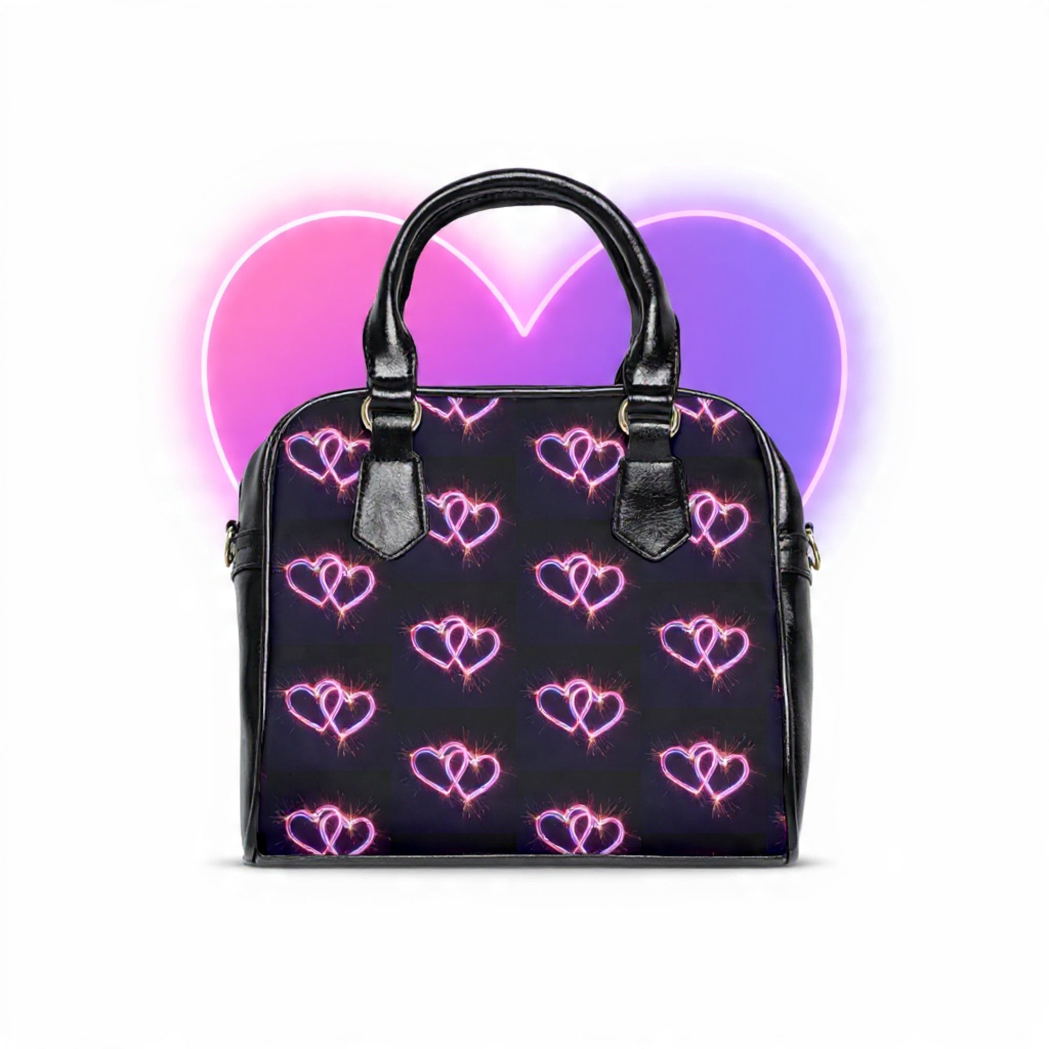 Neon Hearts Shoulder Handbag — Pink Glowing Heart Pattern Purse