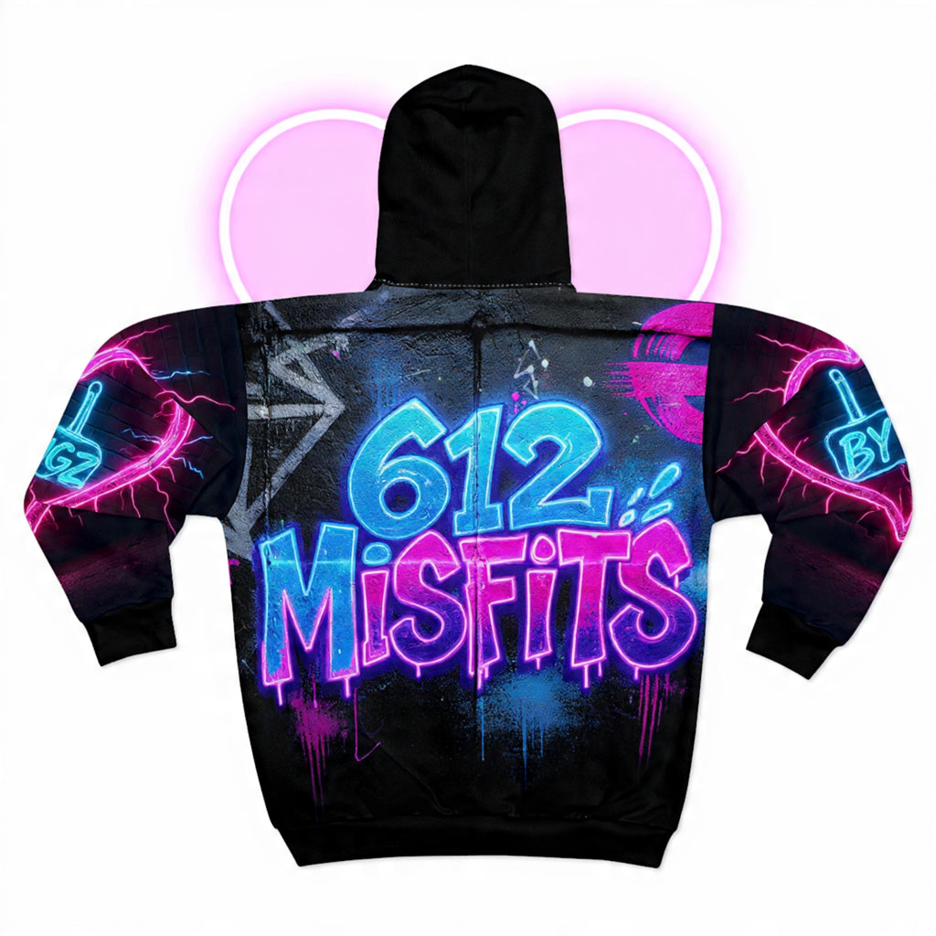 Zip Hoodie — Neon Graffiti "612 Misfits" Streetwear