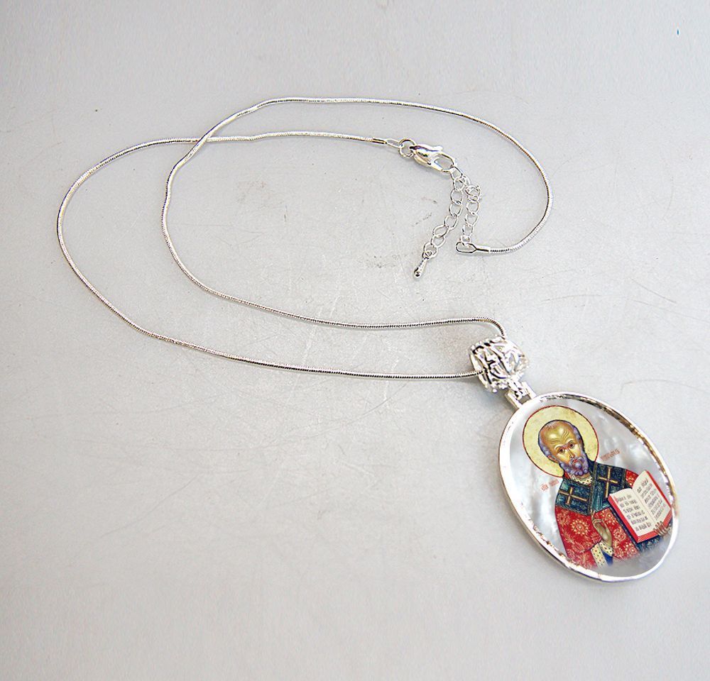 Saint Nicholas Silver Plated Mother of Pearl Necklace - 43021-3
