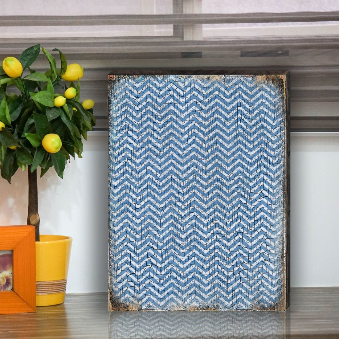 Blue Chevron Stripes Rustic Wooden Wall Art by G. DeBrekht - Floral Ornamental Decor - 95009B-3