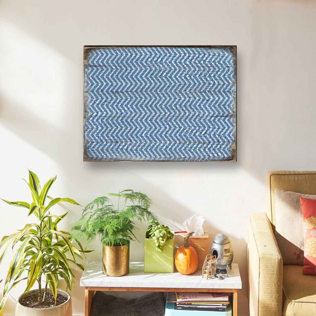 Blue Chevron Stripes Rustic Wooden Wall Art by G. DeBrekht - Floral Ornamental Decor - 95009B-2