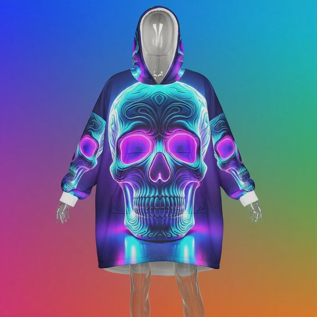 Neon Skull Unisex Hooded Blanket, Cozy Halloween Blanket, Cool Gift for Him and Her, Festival Wear, Unique Home Decor